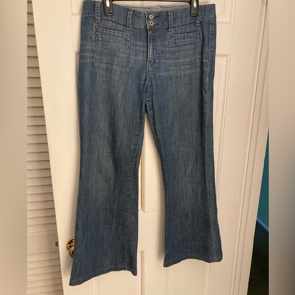 GAP Wide Leg Jeans Women Sz 12 Curvy Stretch Blue Denim Dark Wash Slit Pockets